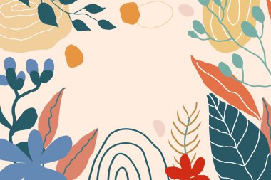 Memphis 'in arka planı soyut bitkiler ve yapraklar. El çizimi, kıvrımlı çizgiler ve noktalar, spiraller ve noktalar moda renkler.