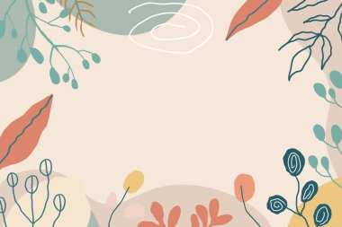 Memphis 'in arka planı soyut bitkiler ve yapraklar. El çizimi, kıvrımlı çizgiler ve noktalar, spiraller ve noktalar moda renkler.