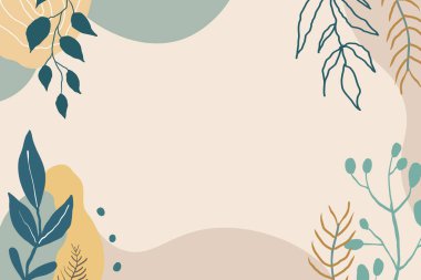 Memphis 'in arka planı soyut bitkiler ve yapraklar. El çizimi, kıvrımlı çizgiler ve noktalar, spiraller ve noktalar moda renkler.