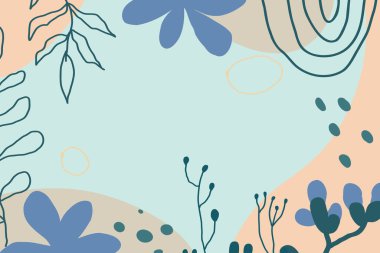 Memphis 'in arka planı soyut bitkiler ve yapraklar. El çizimi, kıvrımlı çizgiler ve noktalar, spiraller ve noktalar moda renkler.