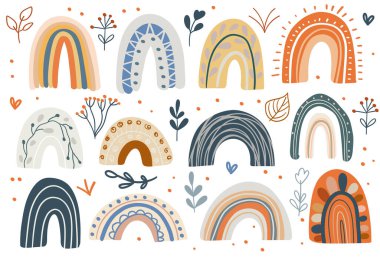 Büyük bir gökkuşağı, bitki elementleri, mantarlar, çiçekler, yapraklar. Memphis boho tarzında şirin elementler. İskandinav tarzında el çizimi.