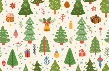 Tasarım için büyük bir Noel elementleri seti. Noel ağacı, hediyeler, çelenk yıldızları, dallar ve yapraklarla dolu. Memphis boho tarzında şirin elementler. İskandinav tarzında Vektör El çizimi.