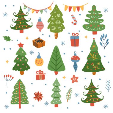 Düz noel ağacı, şirin noel ağacı. Memphis boho tarzında şirin elementler. İskandinav tarzında Vektör El çizimi.