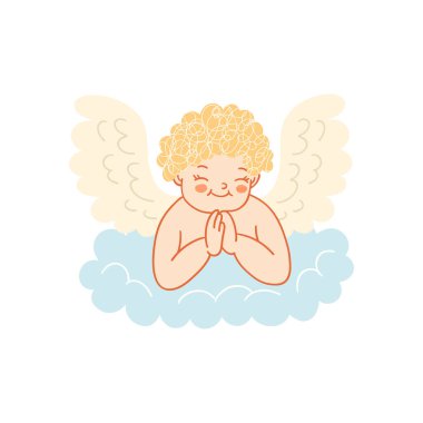 Karalama soyut aşk meleği bulutun üzerinde uzanmış ellerini katlamış ve dua ediyordu. Tasarım için el yapımı elementler. Sevgililer Günün kutlu olsun. Çıkartmalar.