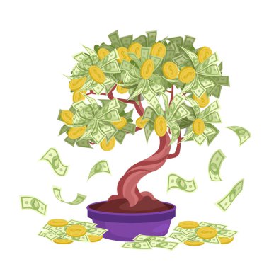Para ağacı. Para yapraklı ağaç. Beyaz arka planda yapraklar yerine paralı büyük bir ağaç. Fantastik elementler. Vektör illüstrasyonu.