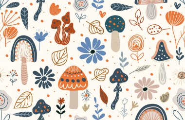 Bitki elementlerinin deseni, mantarlar, çiçekler, yapraklar. Memphis boho tarzında şirin elementler. İskandinav tarzında el çizimi.