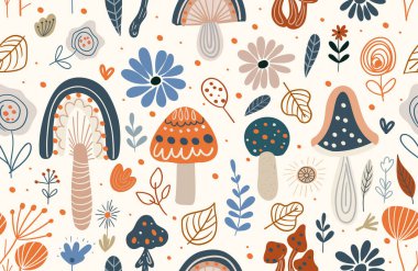 Bitki elementlerinin deseni, mantarlar, çiçekler, yapraklar. Memphis boho tarzında şirin elementler. İskandinav tarzında el çizimi.