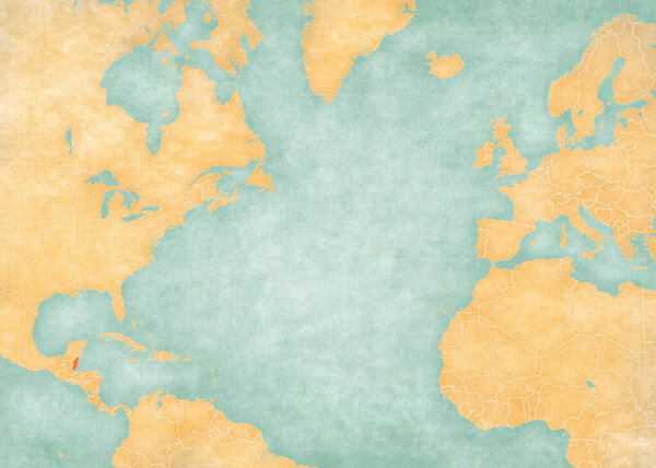 Belize on the map of North Atlantic Ocean in soft grunge and vintage style, like old paper with watercolor painting. 