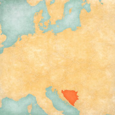 Bosna-Hersek Orta Avrupa haritasında suluboya resimli eski kağıt gibi yumuşak grunge ve vintage tarzında yer alıyor.