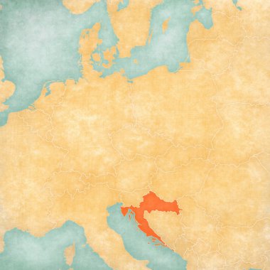 Orta Avrupa haritasında Hırvatistan, suluboya resimli eski bir kağıt gibi yumuşak grunge ve vintage tarzında yer alıyor.