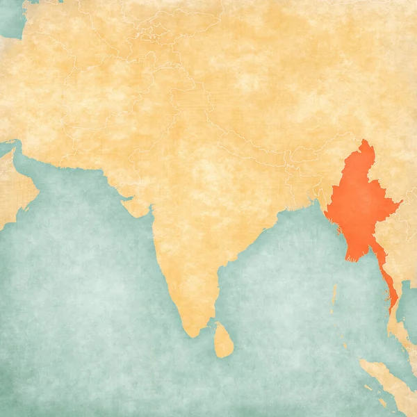 stock image Myanmar on the map of South Asia in soft grunge and vintage style, like old paper with watercolor painting.