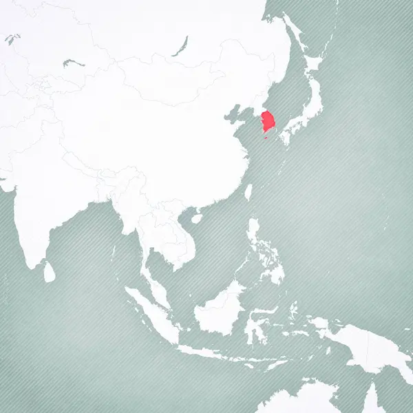 stock image South Korea on the map of East and Southeast Asia with softly striped vintage background. 