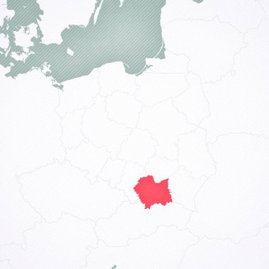 Lesser Poland on the map of Poland with softly striped vintage background.  clipart