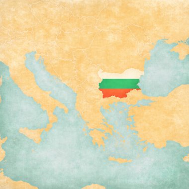 Bulgaristan, Balkan haritasındaki bayrağı suluboya resimli eski bir kağıt gibi yumuşak grunge ve vintage tarzıyla boyadı. 