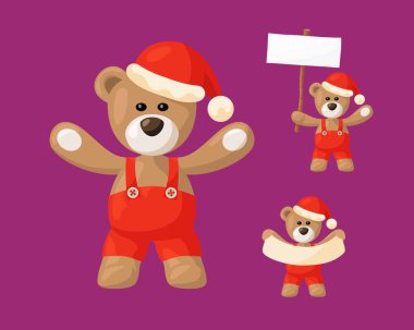 Teddy bear Santa Claus with red pants and signs clipart