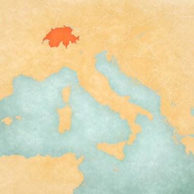 İsviçre, İtalyan Yarımadası haritasında suluboya resimli eski bir kağıt gibi yumuşak grunge ve klasik tarzda yer almaktadır.. 