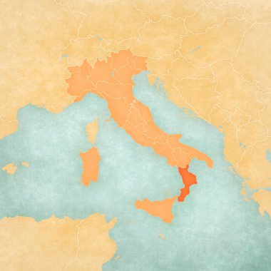 Calabria on the map of Italy in soft grunge and vintage style, like old paper with watercolor painting.  clipart