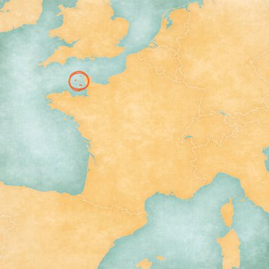 Channel Islands on the map of France in soft grunge and vintage style, like old paper with watercolor painting. clipart