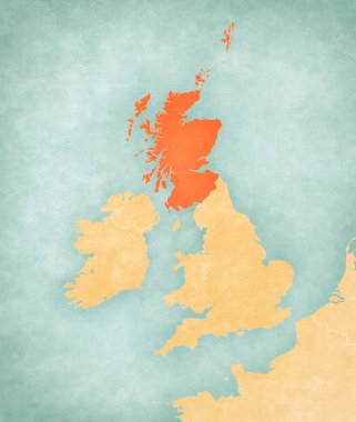 İngiliz Adaları haritasında yumuşak grunge ve vintage tarzında İskoçya, suluboya resimli eski kağıt gibi. 