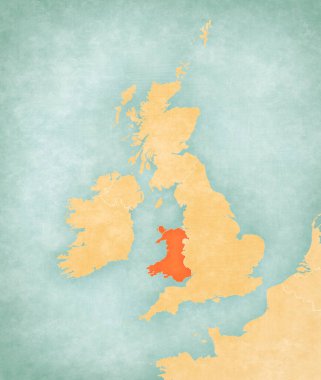 İngiliz Adaları haritasındaki Galler suluboya resimli eski bir kağıt gibi yumuşak grunge ve vintage tarzında.. 