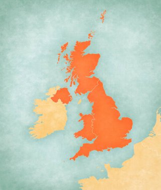 İngiliz Adaları haritasında sınırları yumuşak grunge ve vintage tarzında olan Birleşik Krallık, suluboya resimli eski kağıt gibi. 
