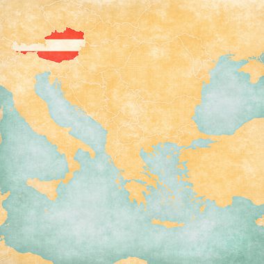 Avusturya, Balkan haritasında bayrakla suluboya resimli eski bir kağıt gibi yumuşak grunge ve klasik tarzda renklendirilmişti.. 