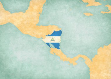 Nikaragua (Nikaragua bayrağı) Orta Amerika haritasında suluboya resimli eski bir kağıt gibi yumuşak grunge ve klasik tarzda. 