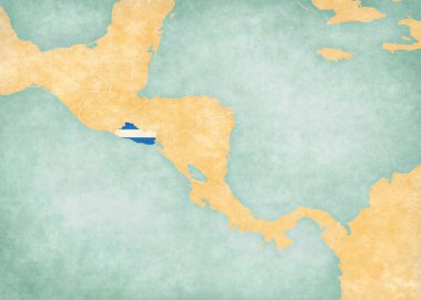 El Salvador (Salvador bayrağı) Orta Amerika haritasında yumuşak grunge ve klasik tarzda, suluboya resimli eski kağıt gibi. 