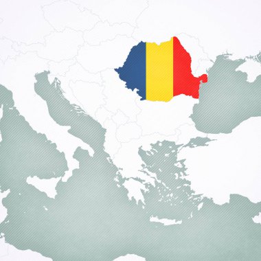 Romanya, Balkanlar haritasında bayrağı yumuşak çizgili klasik arka planla boyadı. 