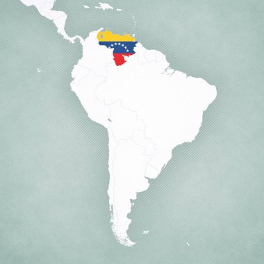 Venezuela, Güney Amerika haritasında bayrak ile renklendirilmiş yumuşak çizgili klasik arka plana sahip.