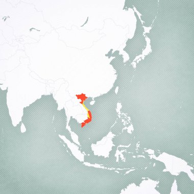 Vietnam, Doğu ve Güneydoğu Asya haritasında bayrak renginde yumuşak çizgili klasik arka plan ile. 