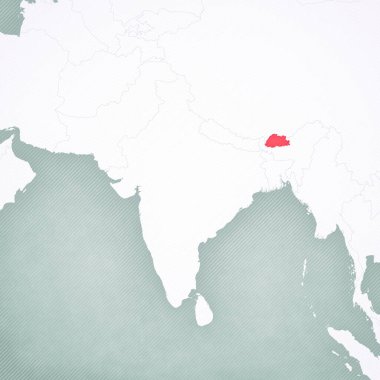 Güney Asya haritasında Bhutan yumuşak çizgili klasik arka plana sahip. 