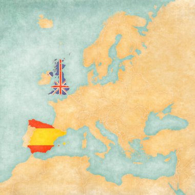 İngiltere ve İspanya Avrupa Haritası yumuşak grunge ve vintage tarzı, tarih suluboya resim ile eski kağıt gibi. 