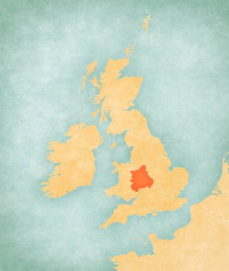 İngiliz Adaları haritasında Batı Midlands yumuşak grunge ve klasik tarzda, suluboya resimli eski kağıt gibi. 