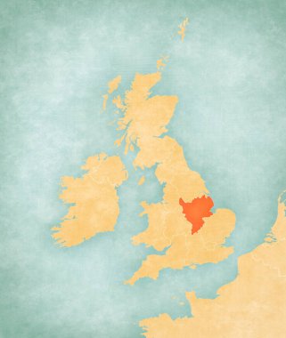 İngiliz Adaları haritasında Doğu Midlands 'ın yumuşak grunge ve vintage tarzı, suluboya resimli eski kağıt gibi. 