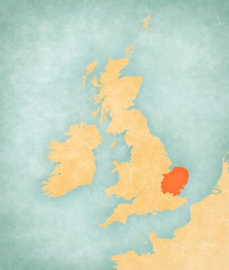 İngiltere 'nin doğusunda İngiliz Adaları haritasında suluboya resimli eski bir kağıt gibi yumuşak grunge ve vintage tarzında.. 
