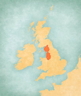 İngiliz Adaları haritasında, suluboya resimli eski bir kağıt gibi yumuşak grunge ve vintage tarzında Kuzey Batı İngiltere haritasında. 