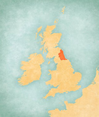 İngiliz Adaları haritasında, suluboya resimli eski bir kağıt gibi yumuşak grunge ve vintage tarzında Kuzey Doğu İngiltere haritasında. 