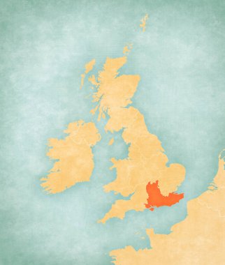 Güney Doğu İngiltere haritasında İngiliz Adaları yumuşak grunge ve vintage tarzında, suluboya resimli eski kağıt gibi. 