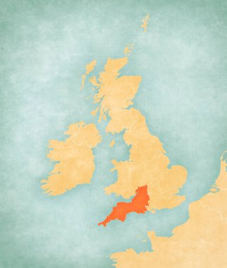 Güney Batı İngiltere haritasında İngiliz Adaları yumuşak grunge ve vintage tarzında, suluboya resimli eski kağıt gibi. 