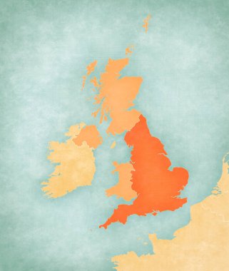İngiltere haritasında yumuşak grunge ve vintage tarzda, suluboya resimli eski kağıt gibi.