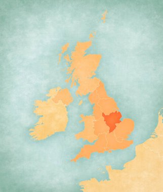 Doğu Midlands İngiltere haritasında yumuşak grunge ve vintage tarzında, suluboya resimli eski kağıt gibi. 