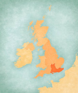 Güney Doğu İngiltere haritasında yumuşak grunge ve vintage tarzda, suluboya resimli eski kağıt gibi. 