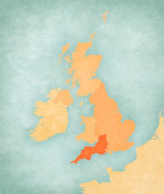 Güney Batı İngiltere haritasında yumuşak grunge ve vintage tarzda, suluboya resimli eski kağıt gibi. 