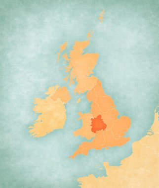 Batı Midlands İngiltere haritasında yumuşak grunge ve vintage tarzda, suluboya resim ile eski kağıt gibi. 