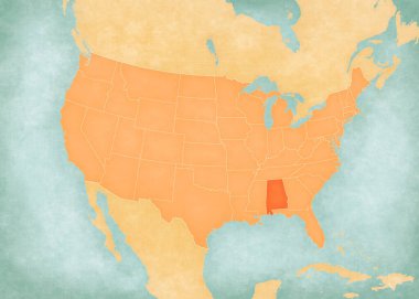 Alabama, Amerika Birleşik Devletleri haritasında suluboya resimli eski bir kağıt gibi yumuşak grunge ve vintage tarzında.. 