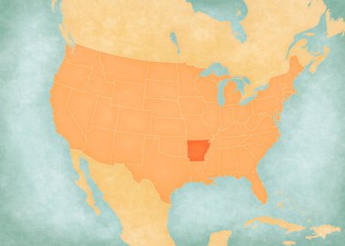 Arkansas, Amerika Birleşik Devletleri haritasında suluboya resimli eski bir kağıt gibi yumuşak grunge ve klasik tarzda yer almaktadır.. 