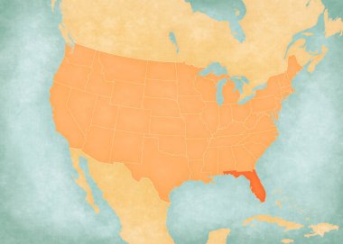 Florida, Amerika Birleşik Devletleri haritasında suluboya resimli eski bir kağıt gibi yumuşak grunge ve vintage tarzında.. 