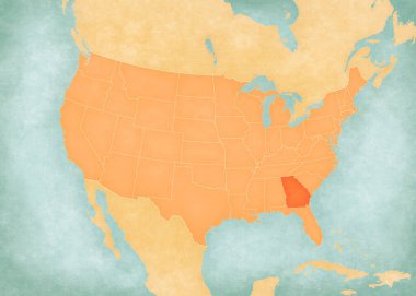 Gürcistan, Amerika Birleşik Devletleri haritasında suluboya resimli eski bir kağıt gibi yumuşak grunge ve klasik tarzda yer almaktadır.. 