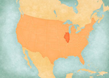 Illinois, Amerika Birleşik Devletleri haritasında suluboya resimli eski bir kağıt gibi yumuşak grunge ve vintage tarzda yer almaktadır.. 
